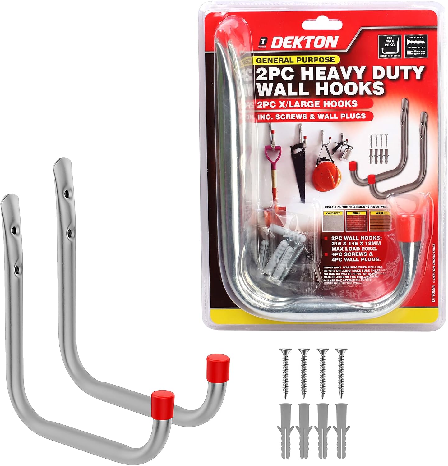 DEKTON Lot de 2 crochets muraux à usage général de 21,5 cm x 14 cm – Capacité maximale de 15 kg | Idéal pour accrocher des outils, manteaux, sacs, et plus encore | Construction en métal durable et