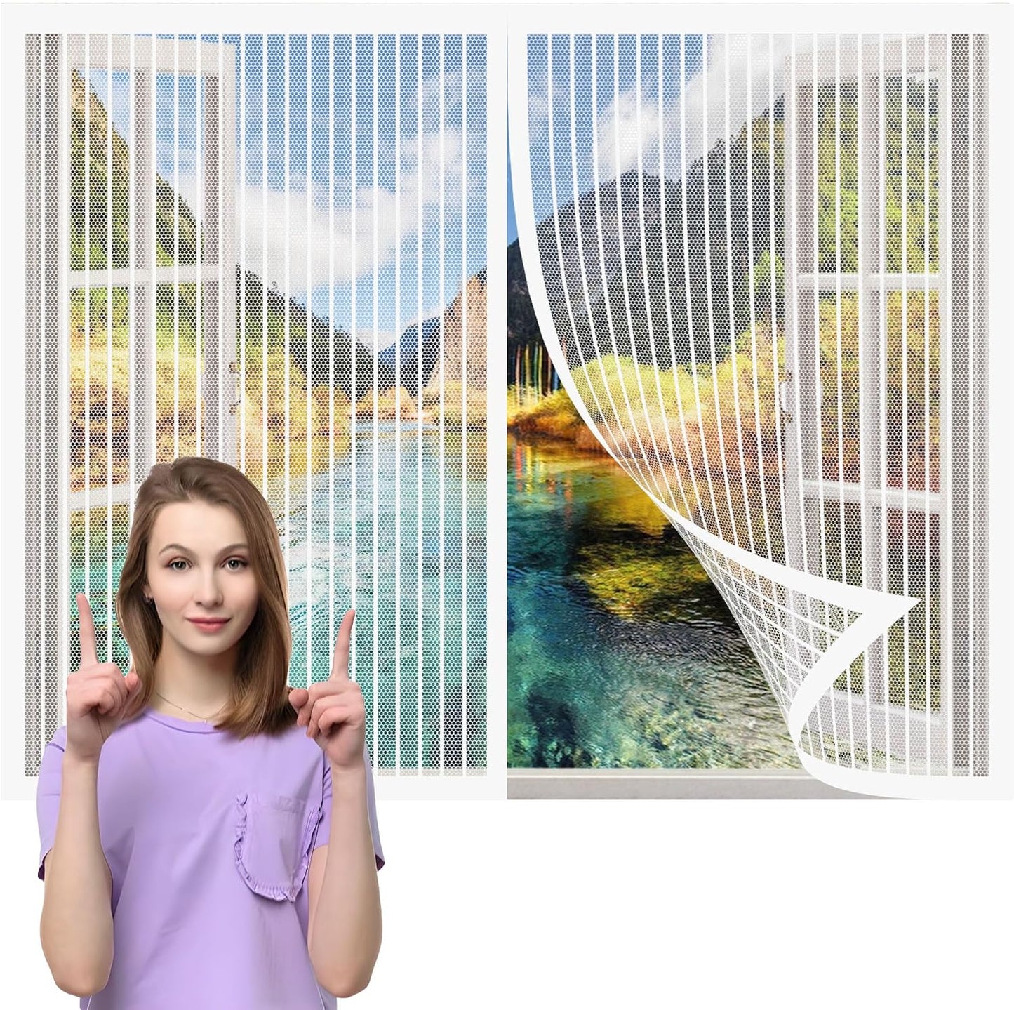 Window Mosquito Net 127 x 139 cm Magnetic Automatic Closing No Drilling for Home Windows, White