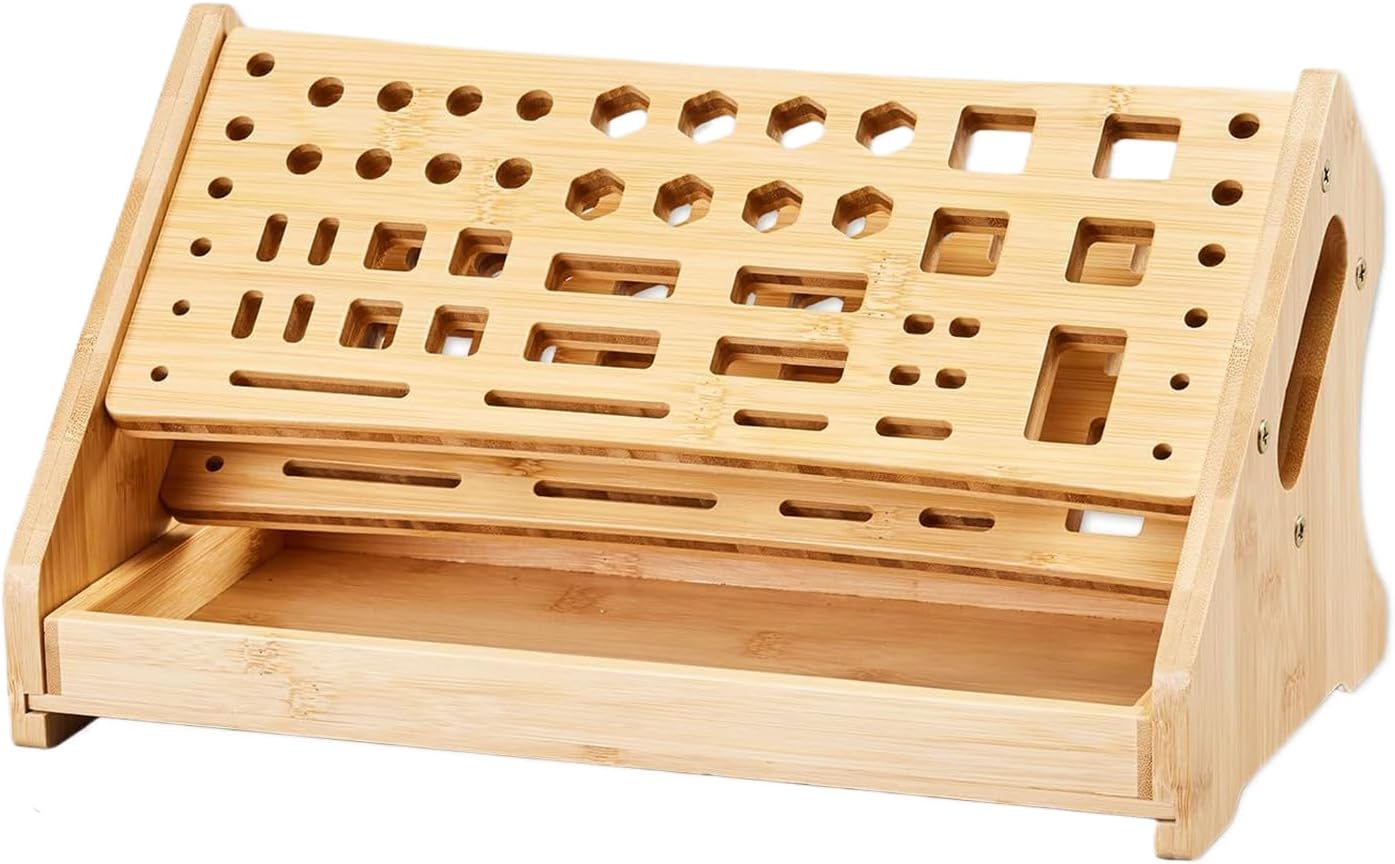 Générique Screwdriver Holder with Tray - Wooden Tool Organizer Rack | Small Desktop Storage Stand for Hobby Repair, Pegboard, Garage, Truck, Trailer, Indoor, Outdoor Garden and Home Organization