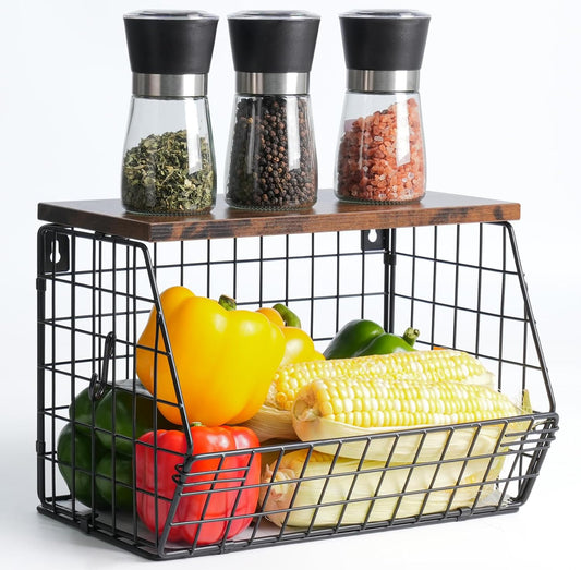 Wawocs Panier de Fruits et Légumes Mural Empilable, Bac à Fruits Etagère Range Légumes Cuisine, Corbeille Rangement Métal avec 2 Crochets, Noir