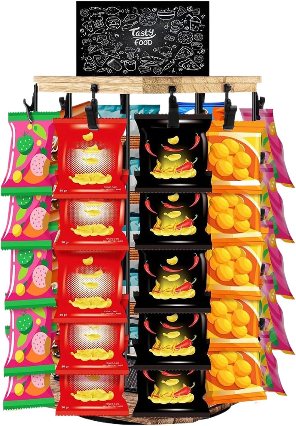 Générique Support d'affichage à rack de puces, support de puce/bonbons/rack de snack, cintre d'organisateur de stockage de base en bois avec babillard, rangement alimentaire d'affichage de bonbons